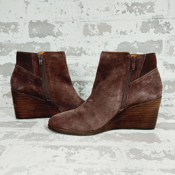 New Lucky Brand Zorlina Brown Suede Leather Wedge Booties V124 - Picture 5 of 12